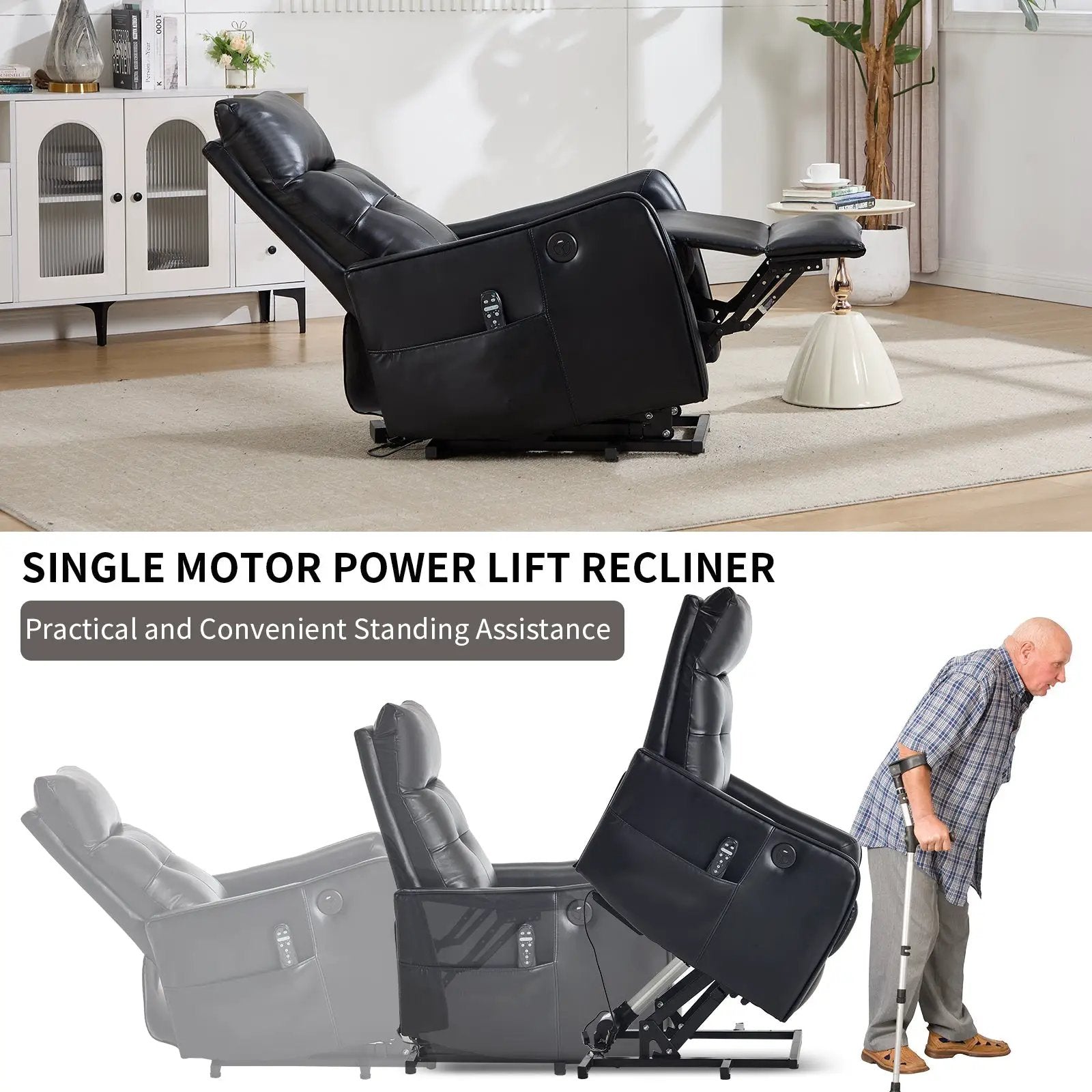 Black PU Single Motor Power Lift Recliner Chair by HouseOfZazla