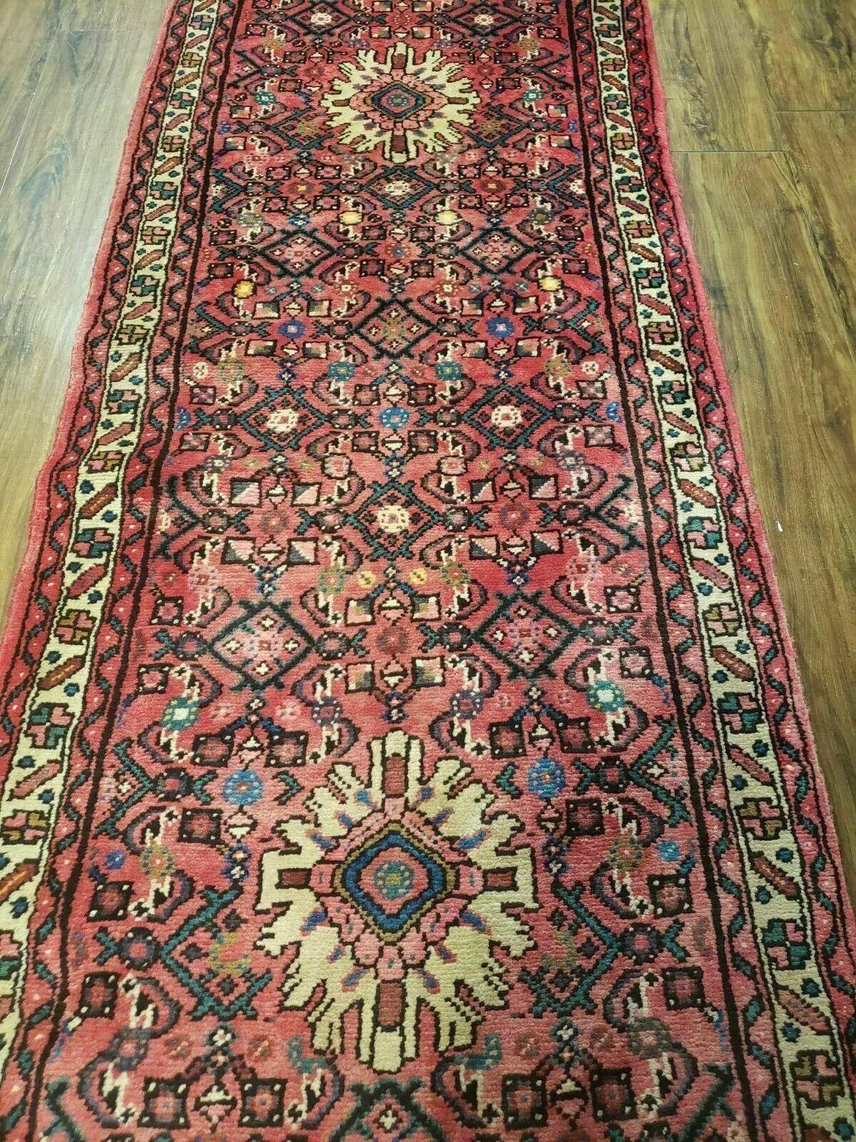 Persian Hamadan Runner Rug 2.8 x 14, Red, Vintage Handmade Wool Runner Rug by Jewel Rugs