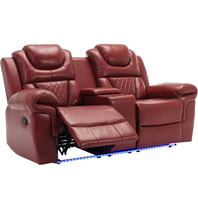 Home Theater Seating Manual Recliner Loveseat With Hide-Away Storage, Cup Holders And Led Light Strip For Living Room by HouseOfZazla