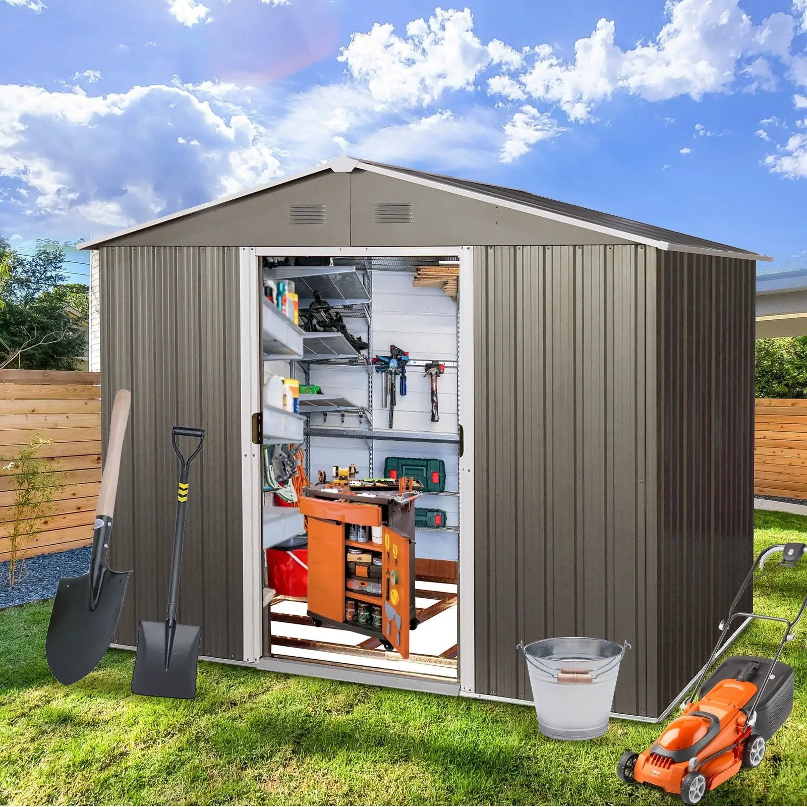 8Ft x 6Ft Outdoor Metal Storage Shed With Floor Base (SKU: W540S00012) - Gray by HouseOfZazla