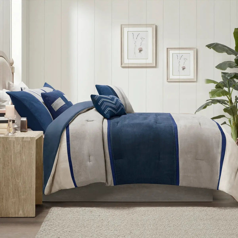 7 Piece Faux Suede Comforter Set Blue Queen by HouseOfZazla