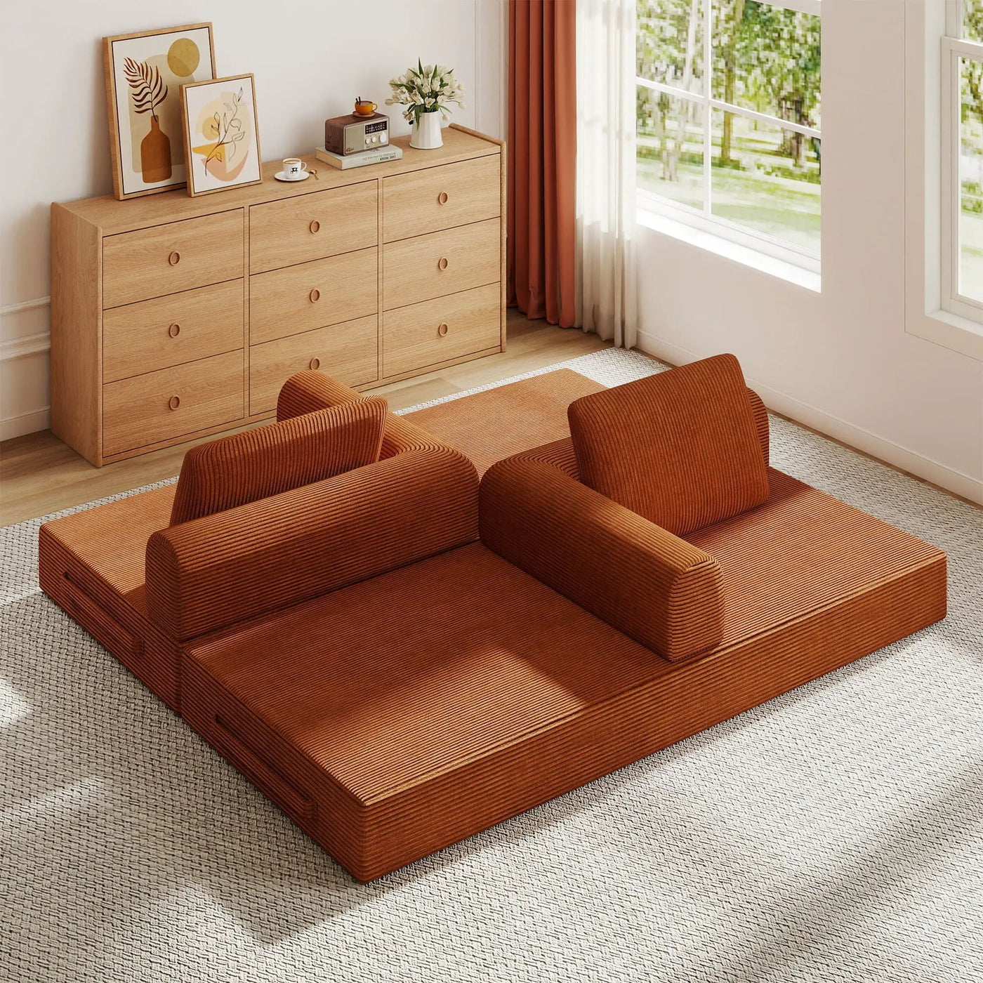 Convertible Sleeper Sofa Bed With Cylindrical Pillow, Fixed Shape Frame by Unique Piece Furniture