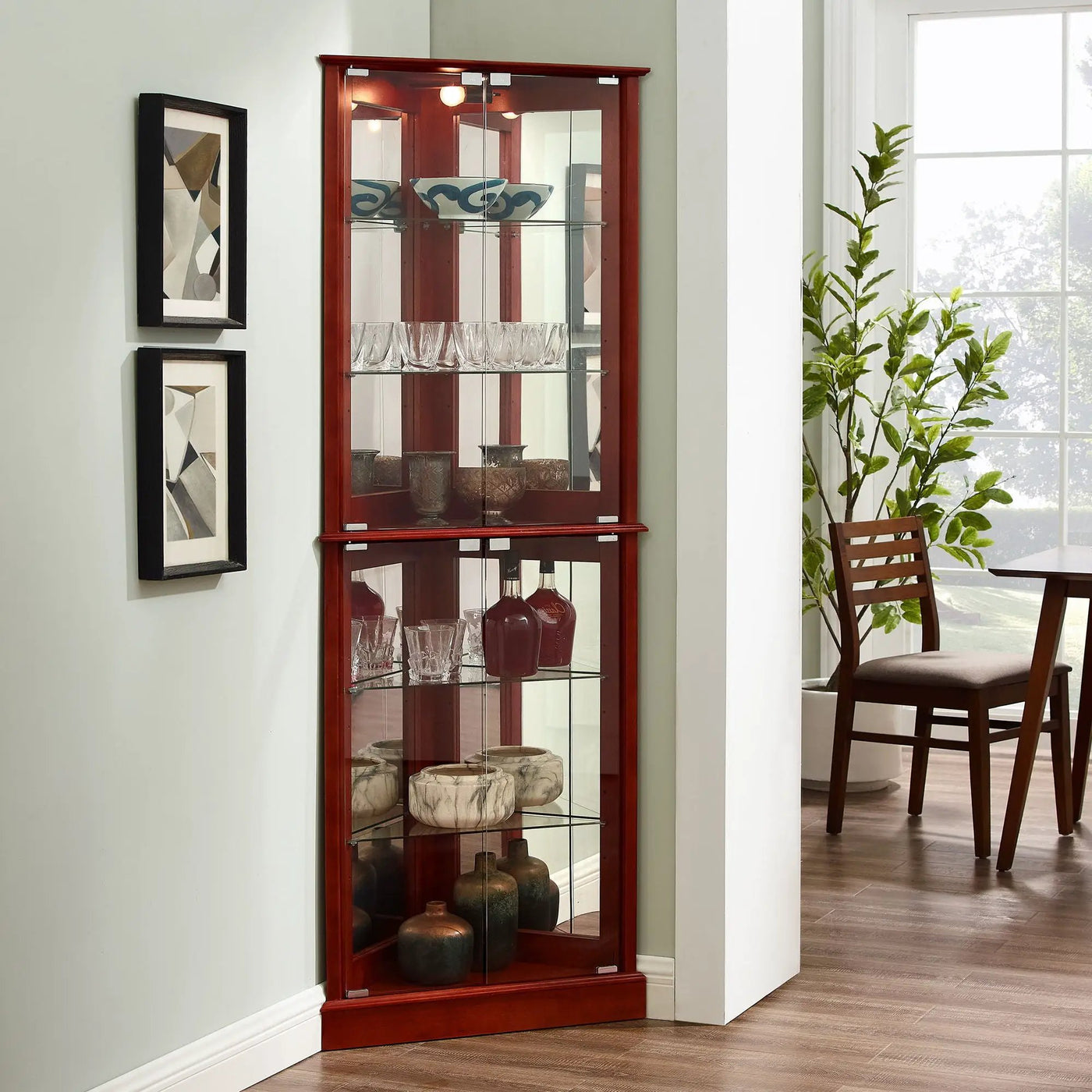 Corner Curio Dispaly Cabinet With Lights, Adjustable Tempered Glass Shelves, Mirrored Back (E26 Light Bulb Not Included) by HouseOfZazla
