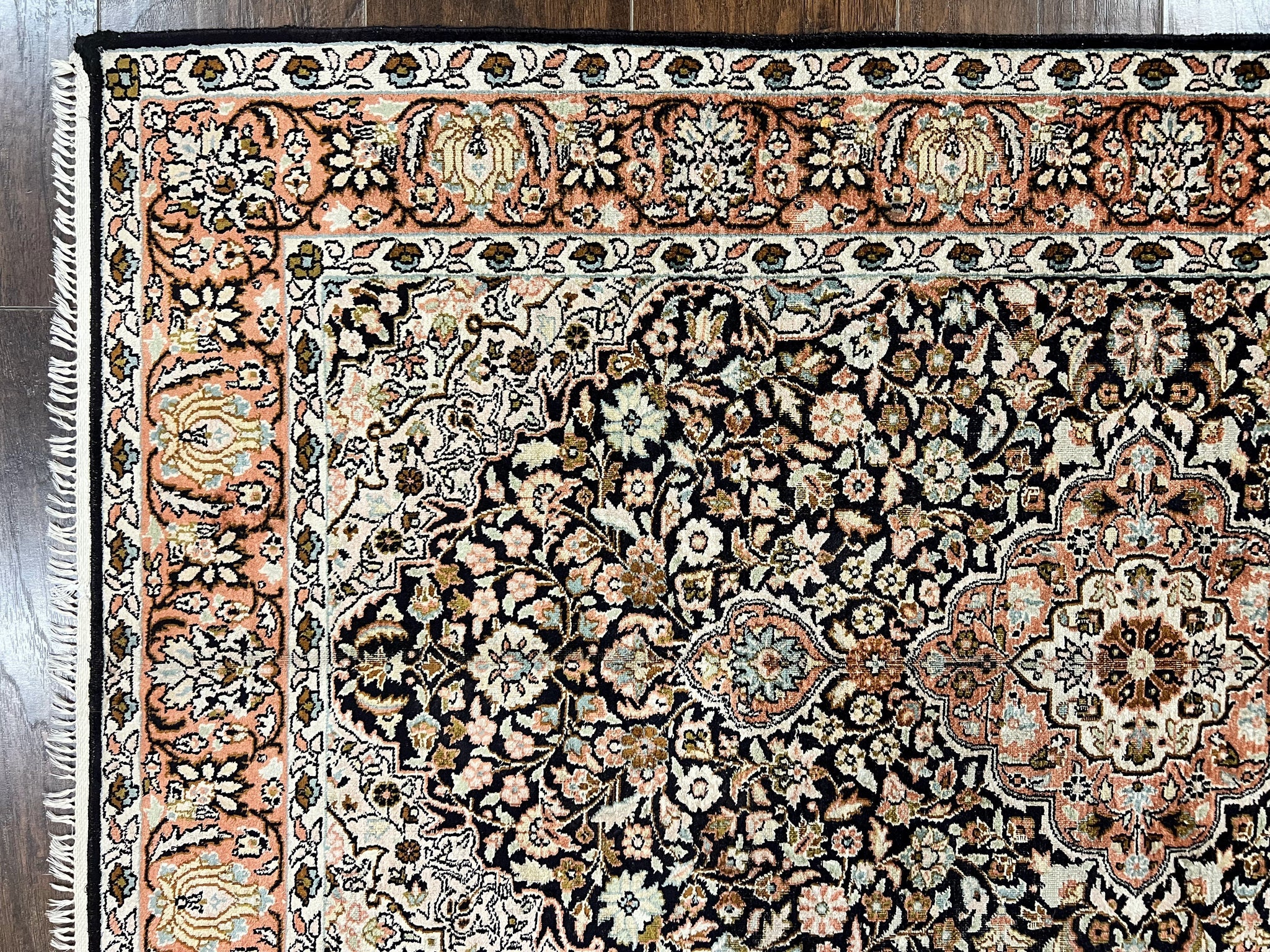 Silk Indian Kashmiri Rug 3x5, Indo Persian Silk on Silk Carpet, Very Fine 350 KPSI, Navy Blue, Handmade, Floral Medallion by Jewel Rugs