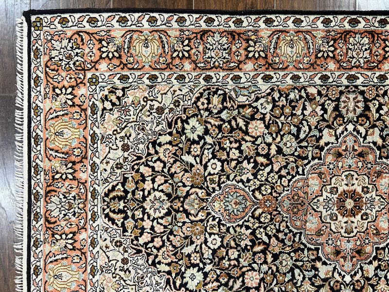 Silk Indian Kashmiri Rug 3x5, Indo Persian Silk on Silk Carpet, Very Fine 350 KPSI, Navy Blue, Handmade, Floral Medallion by Jewel Rugs