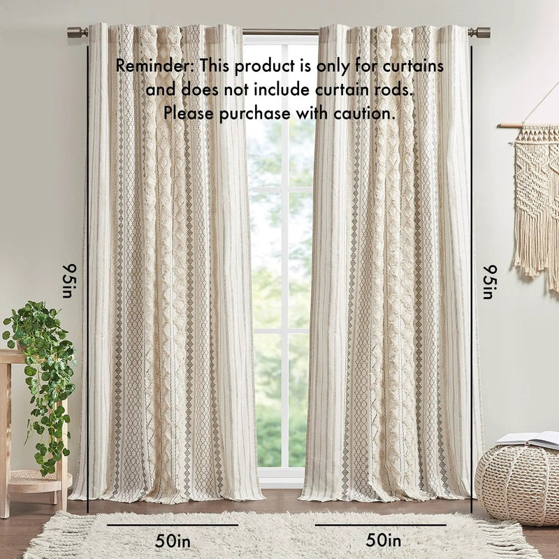 Cotton Printed Curtain Panel with Chenille Stripe and Lining Ivory 50x95 by HouseOfZazla