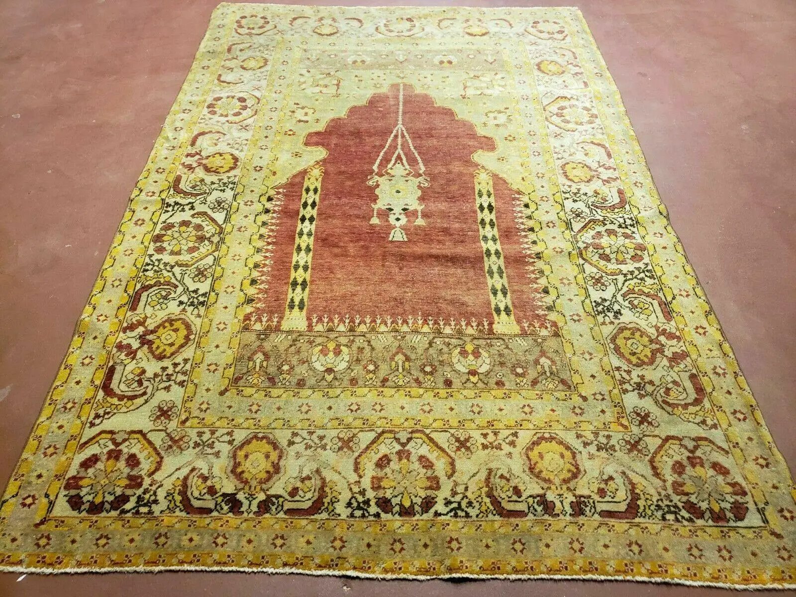 4' 5" X 7' Antique HandmadeTurkish Prayer Melas Oushak Wool Rug Mehrab Nice by Jewel Rugs