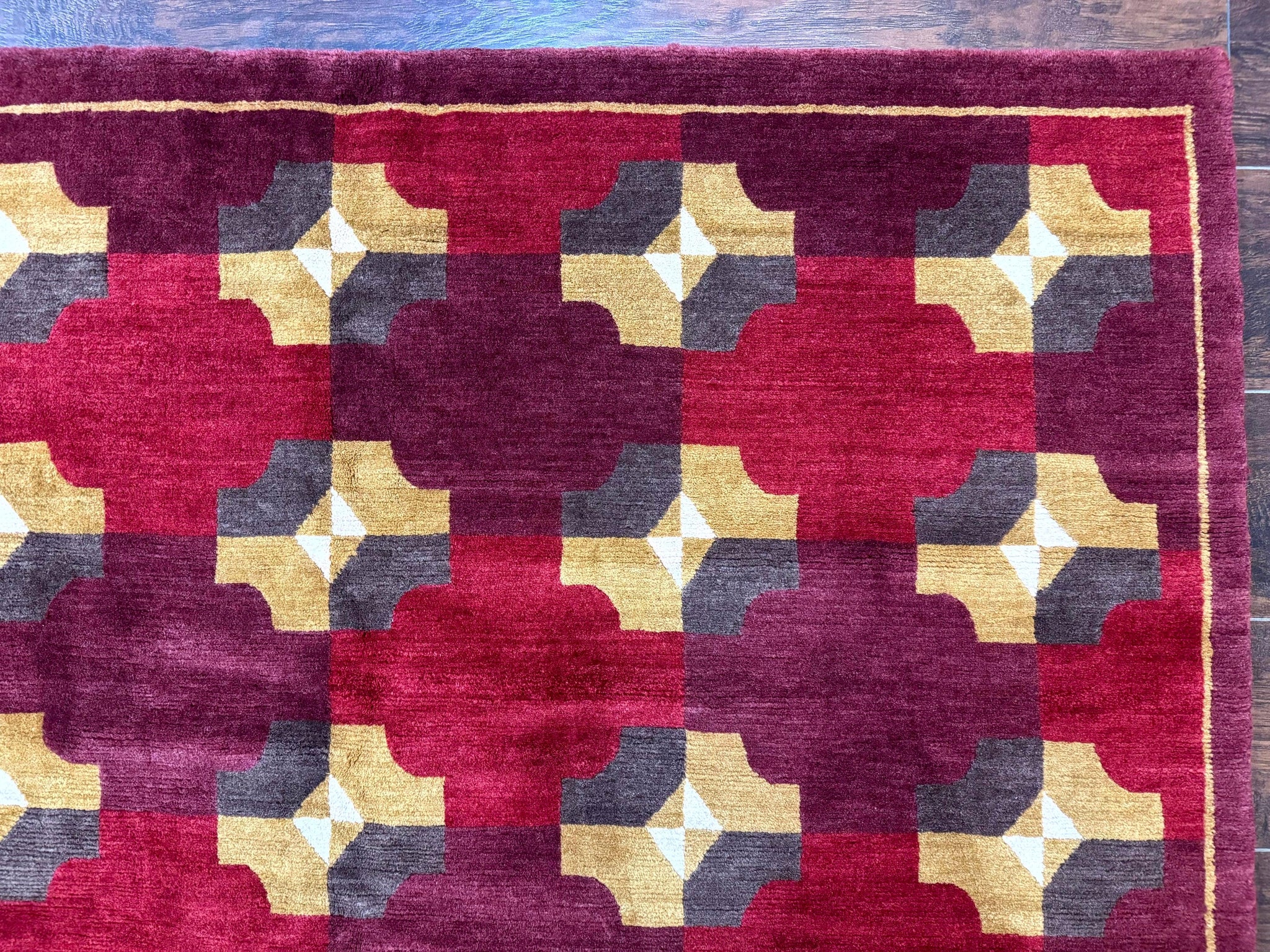 Modern Tibetan Rug 5 x 6.8, Wool, Red, Allover Pattern, Nepali Rug, Abstract Rug, Handmade Area Rug by Jewel Rugs