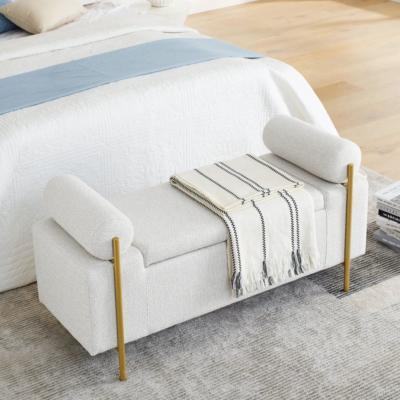Elegant Upholstered Storage Bench With Cylindrical Arms And Iron Legs, by HouseOfZazla