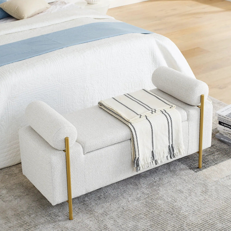 Elegant Upholstered Storage Bench With Cylindrical Arms And Iron Legs, by Unique Piece Furniture