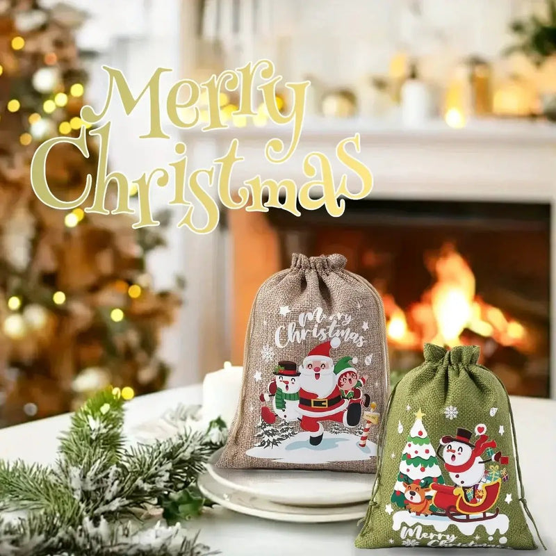 Fabric Christmas Gift Bags with Drawstring Closure - Green/Brown Cloth Santa Patterns by House Of Avana