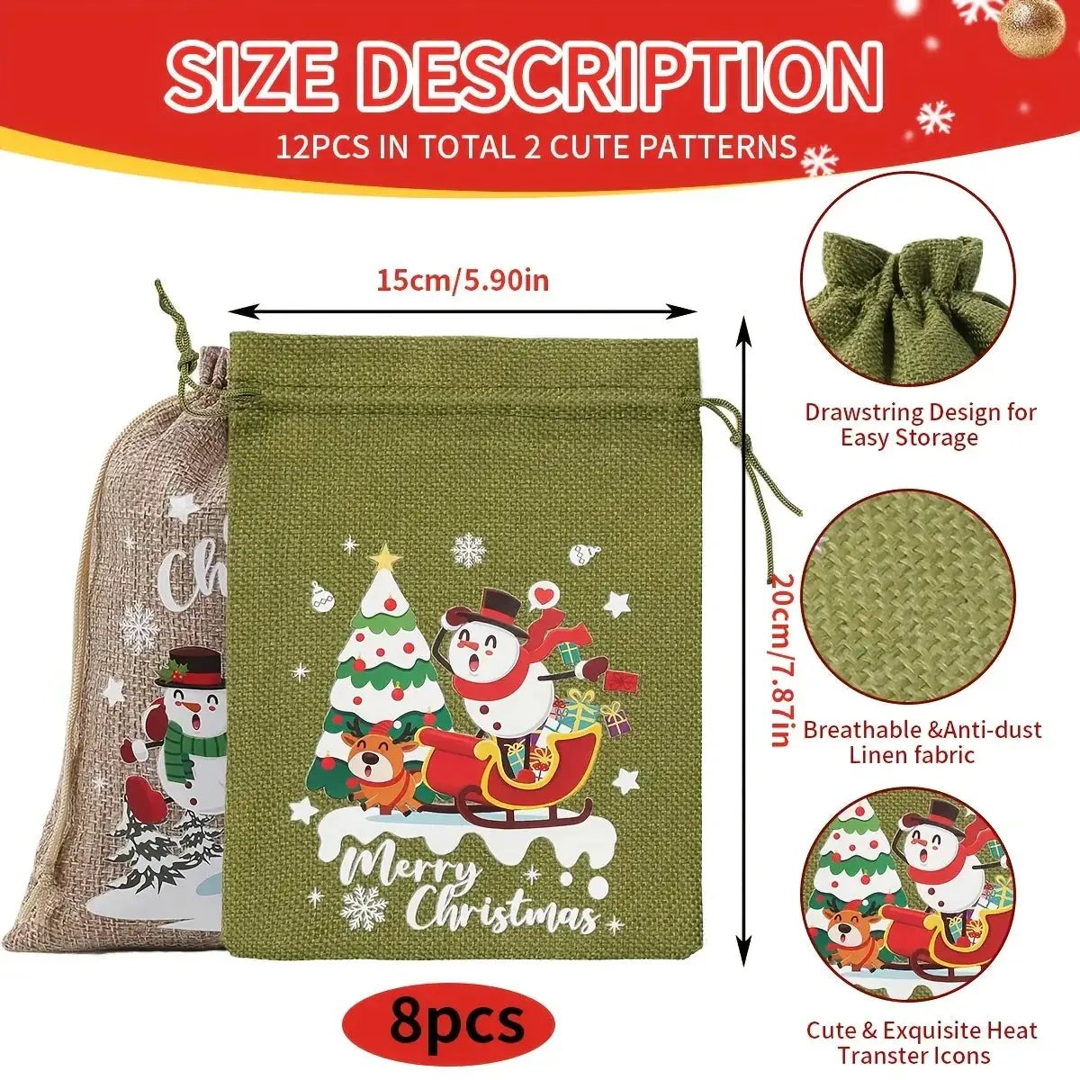 Fabric Christmas Gift Bags with Drawstring Closure - Green/Brown Cloth Santa Patterns by House Of Avana
