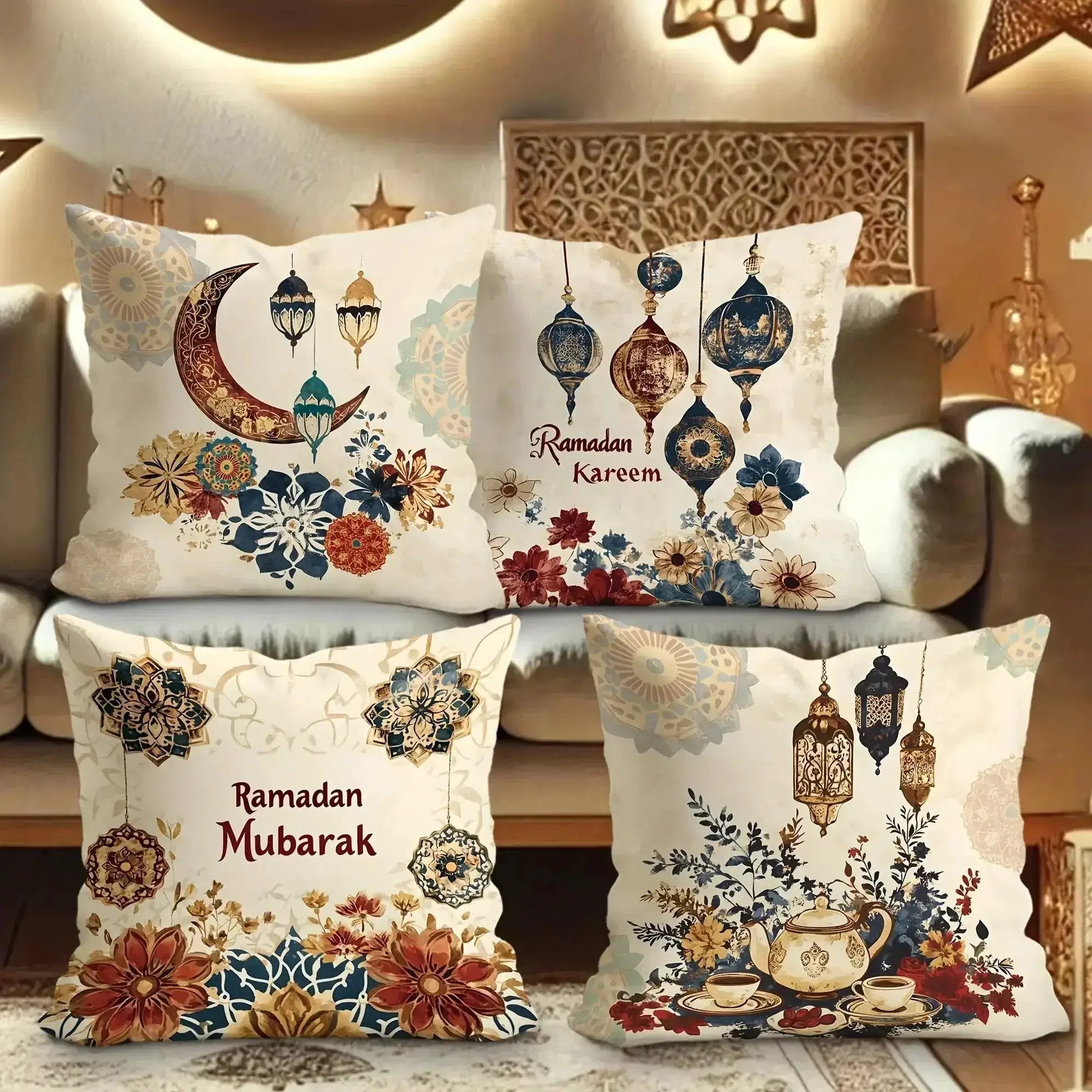 Fabric Pillow Covers - Traditional Ramadan Red/Blue/Golden by House Of Avana