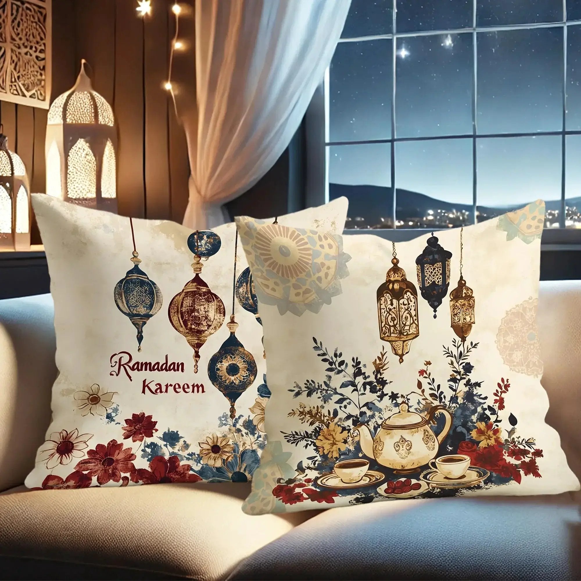 Fabric Pillow Covers - Traditional Ramadan Red/Blue/Golden by House Of Avana