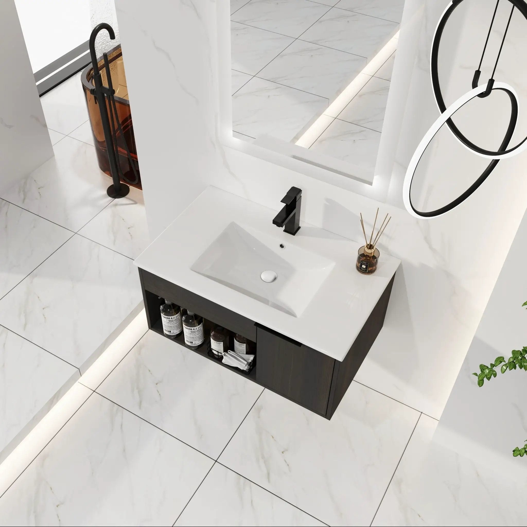 Wall Mounted Floating Bathroom Vanity With Open Shelf & Soft Close Door by HouseOfZazla