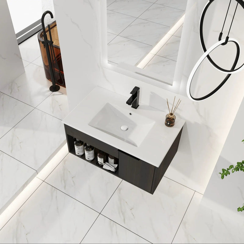 Wall Mounted Floating Bathroom Vanity With Open Shelf & Soft Close Door by HouseOfZazla