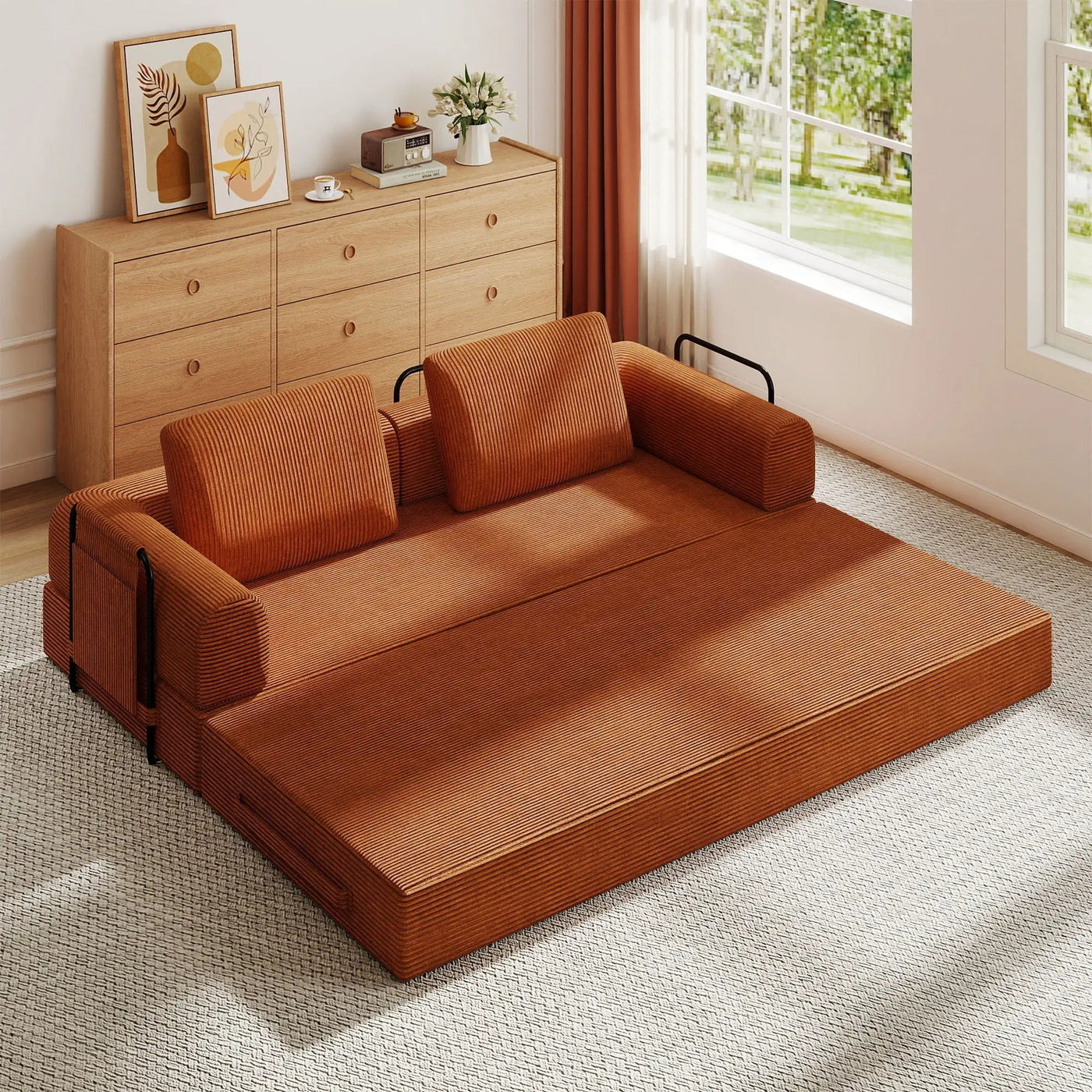 Convertible Sleeper Sofa Bed With Cylindrical Pillow, Fixed Shape Frame by Unique Piece Furniture