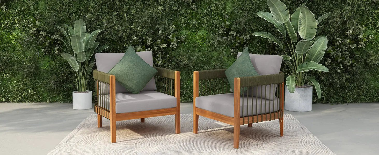 [Set of 2] Acacia Wood Outdoor Club Chair with Rope Accents by HouseOfZazla