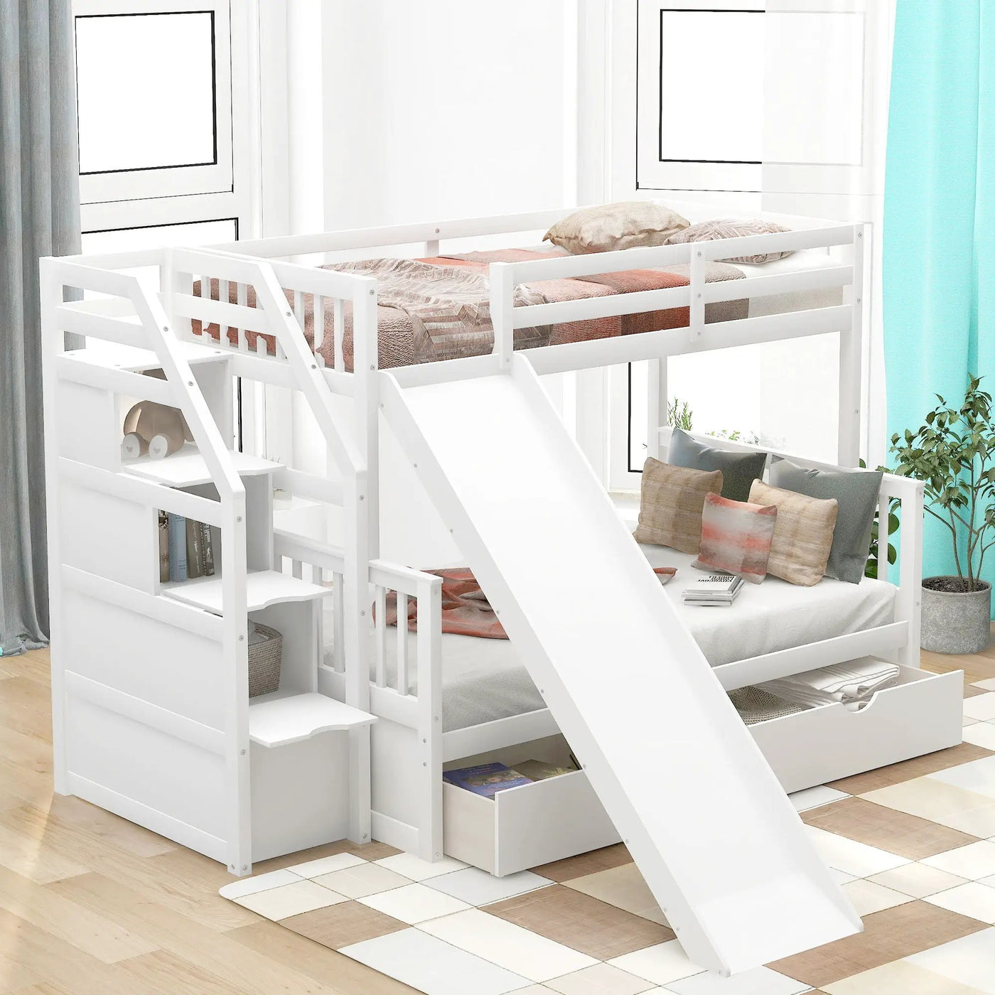 Bunk Bed With Storage Staircase, Slide, Desk, Drawers, And Shelves by Unique Piece Furniture