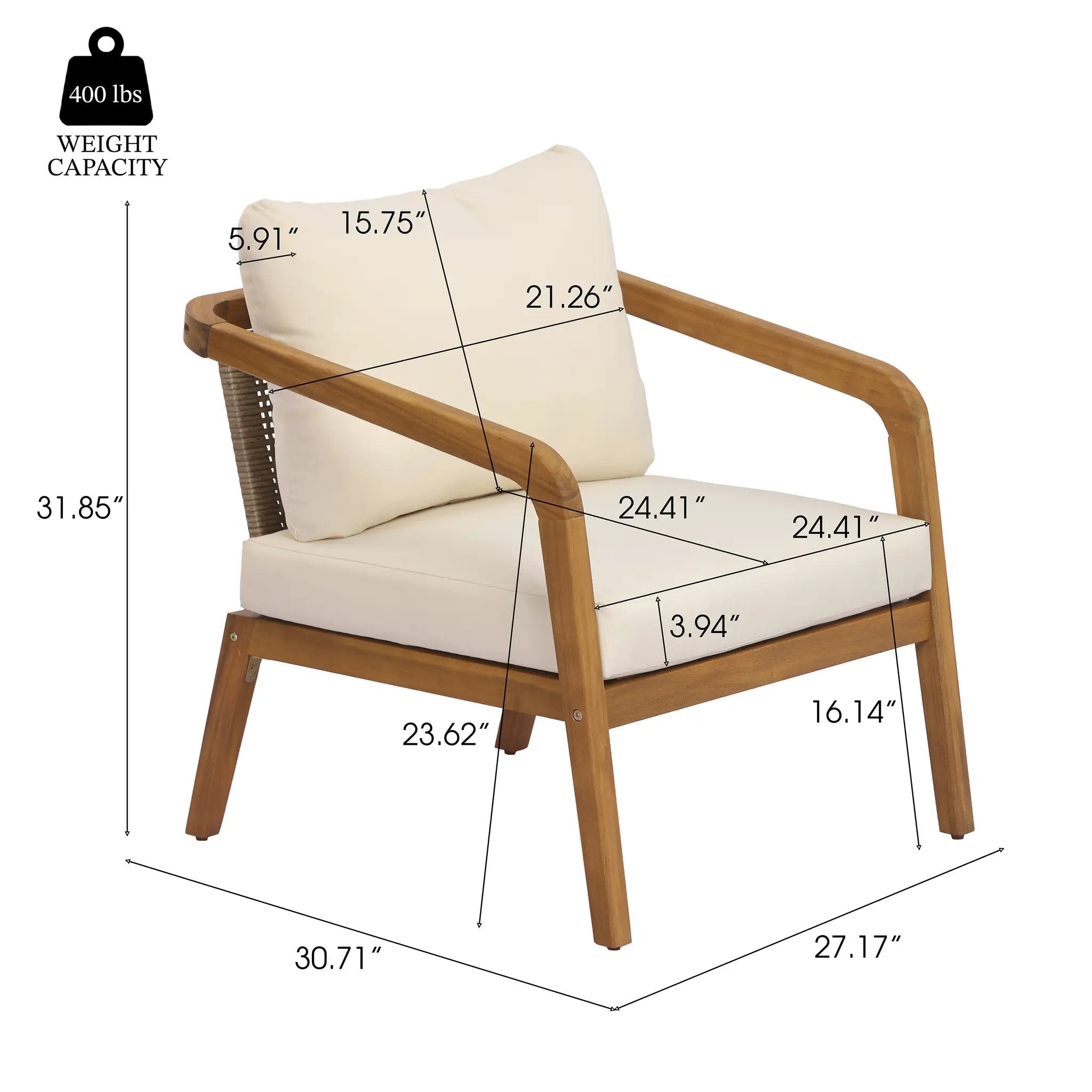 Acacia Wood Outdoor Patio Club Chair with PE Wicker Backrest & Cushions by HouseOfZazla