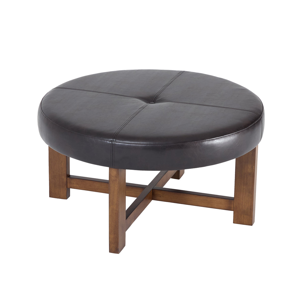 Round Leather Ottoman Coffee Table with Solid Wood Base, photo 7 of 10