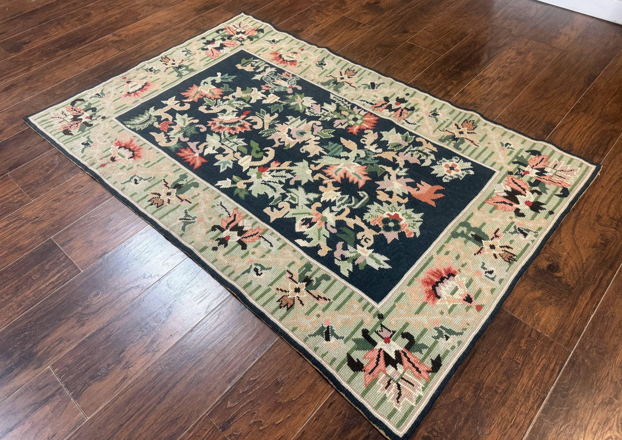 Vintage American Needlepoint Rug 4x6, Dark Green, Wool, Handmade, Flatweave Carpet by Jewel Rugs