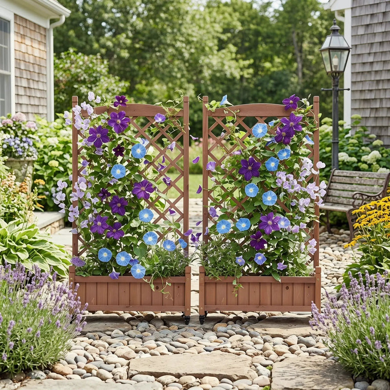 Raised Garden Bed With Trellis 2 Pack, Outdoor Planter Box & Plant Stand With Climbing Racks - Brown by Unique Piece Furniture