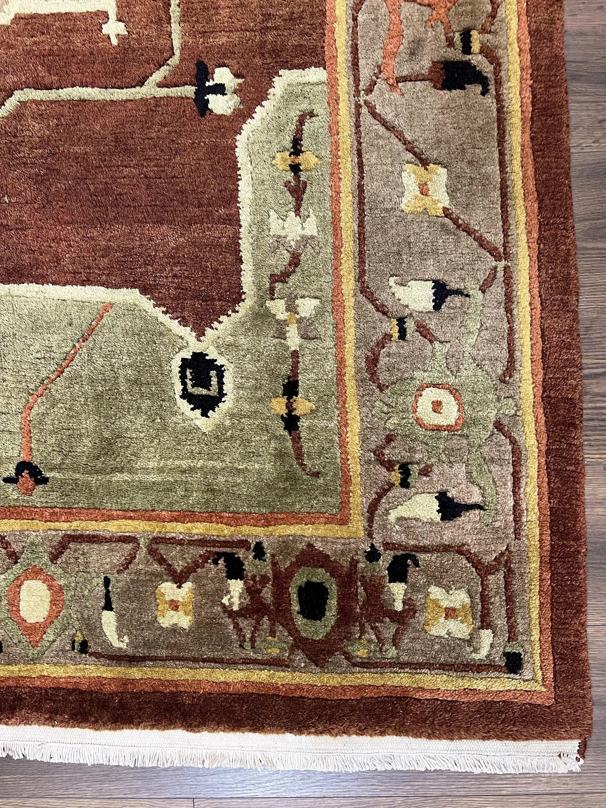 Tibetan Rug 7x10, Geometric Medallion, Red Green Taupe, Hand Knotted, Soft Wool Area Rug, Contemporary Carpet, Handmade Nepali Rug 7 x 10 ft by Jewel Rugs