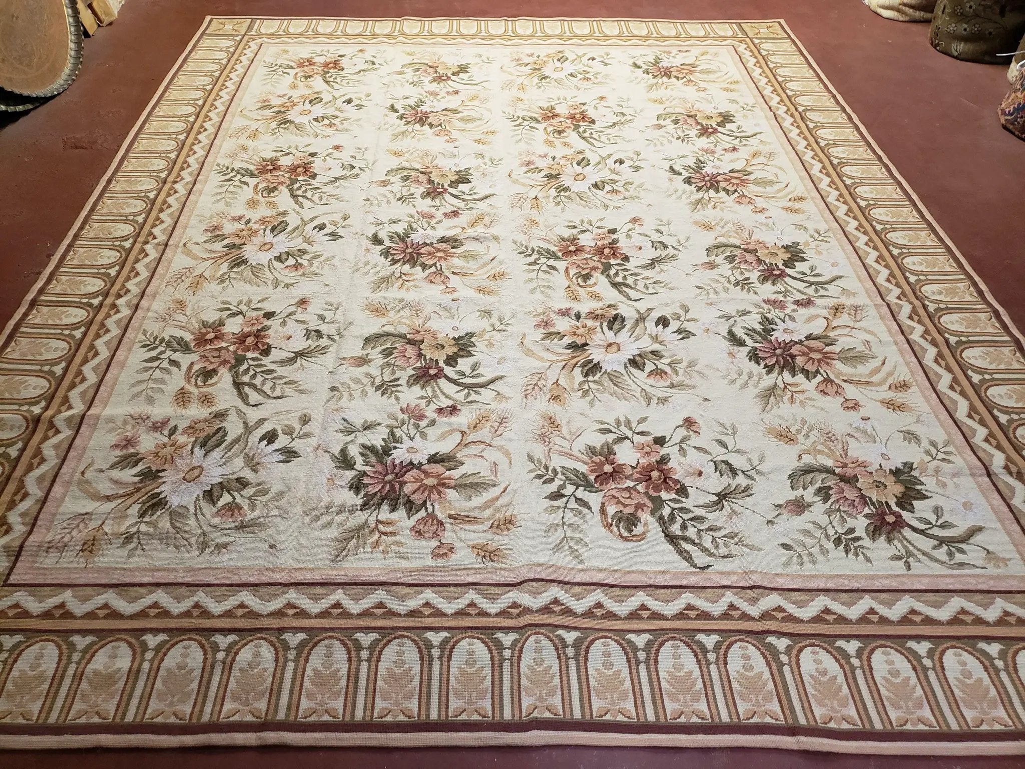 Needlepoint Rug 8x10 Aubusson Rug Victorian Floral Rug Handmade French Style French Decor Garden Panel Beige 8 x 10 Area Rug 100% Wool by Jewel Rugs