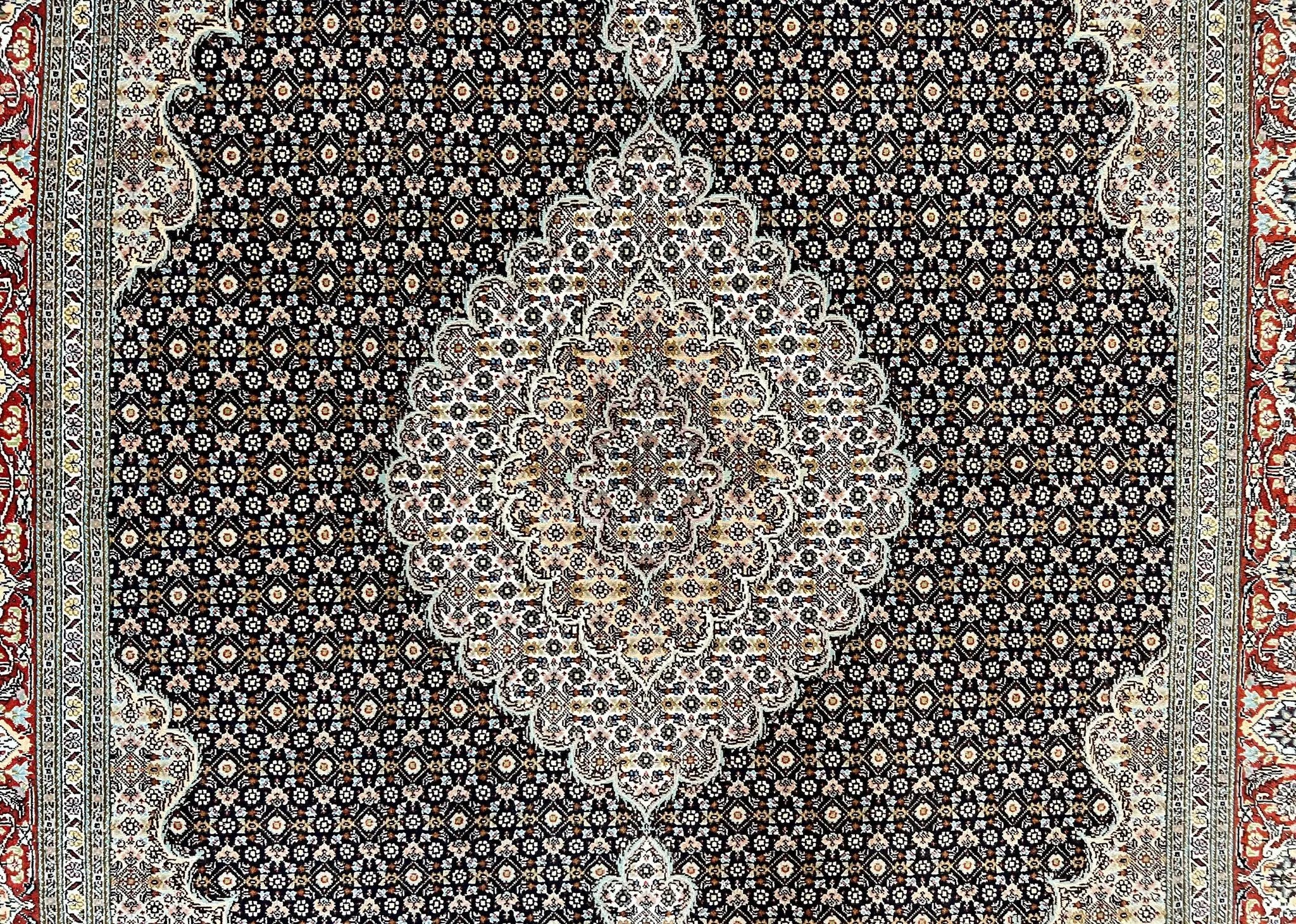 Persian Tabriz Rug 5x7, Wool with Silk Highlights, Hand Knotted Vintage Oriental Carpet, Very Fine, Herati Mahi Pattern, Black, Rare by Jewel Rugs