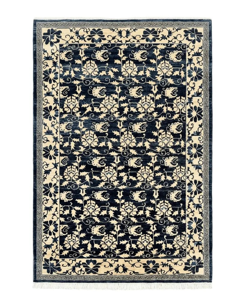 Sino Persian Rug 6x9, Hand Knotted Wool Carpet, Floral Allover, Blue Cream-Tan by Jewel Rugs