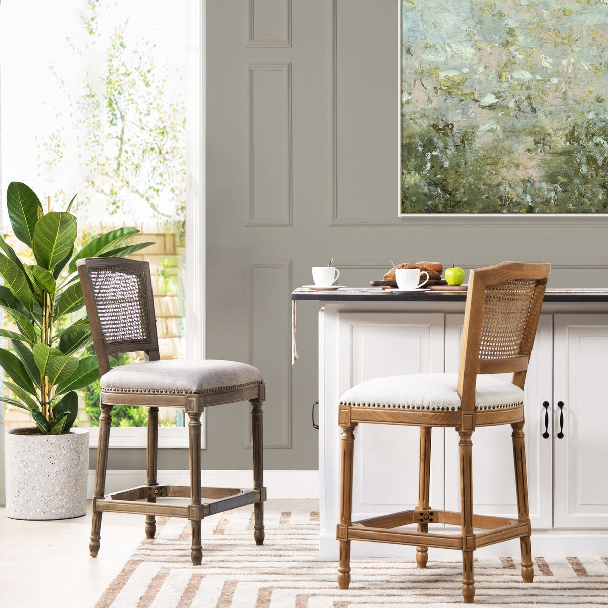 Rattan Wicker High Back Counter Bar Stool with Oak Frame - Gray or Dark Brown, photo 3 of 30