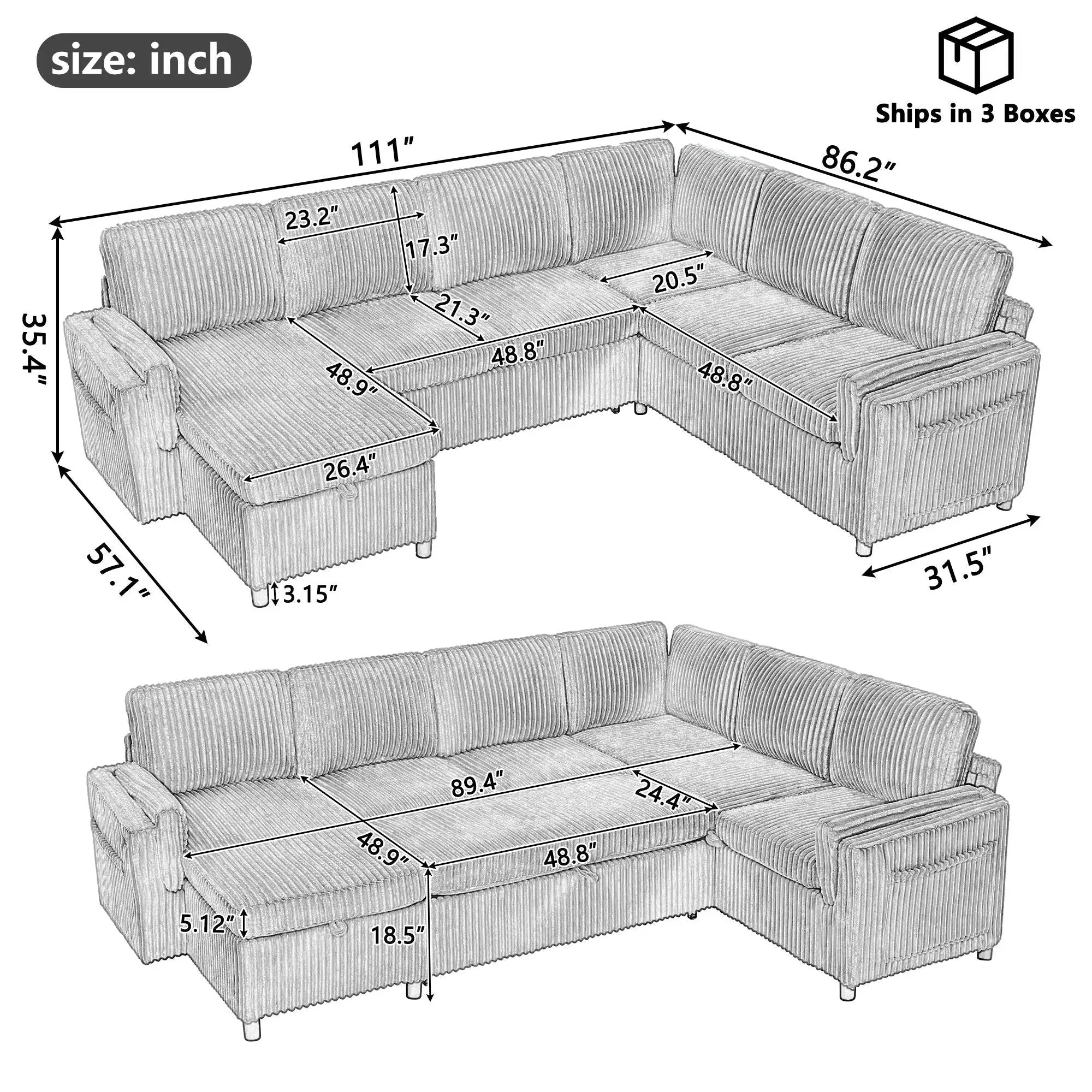 Convertible U-Shaped Sectional Sofa Bed With USB Ports And Storage by HouseOfZazla