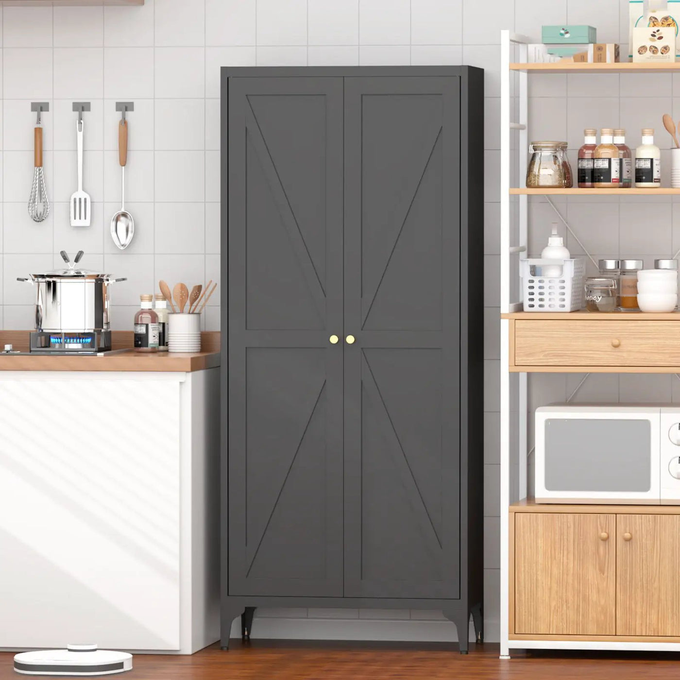 Adjustable 2 Door Kitchen Pantry Cabinet With Striped Design by Unique Piece Furniture
