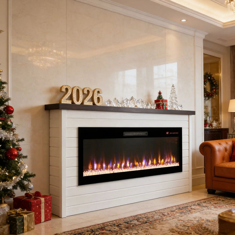 65" Electric Fireplace With Wall Mantel, 50" Fireplace Insert Heater, Remote Control, Timer For Living Room - Antique White by HouseOfZazla