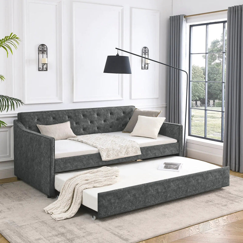 Twin Upholstered Daybed With Trundle, Waved Arms - Gray by HouseOfZazla