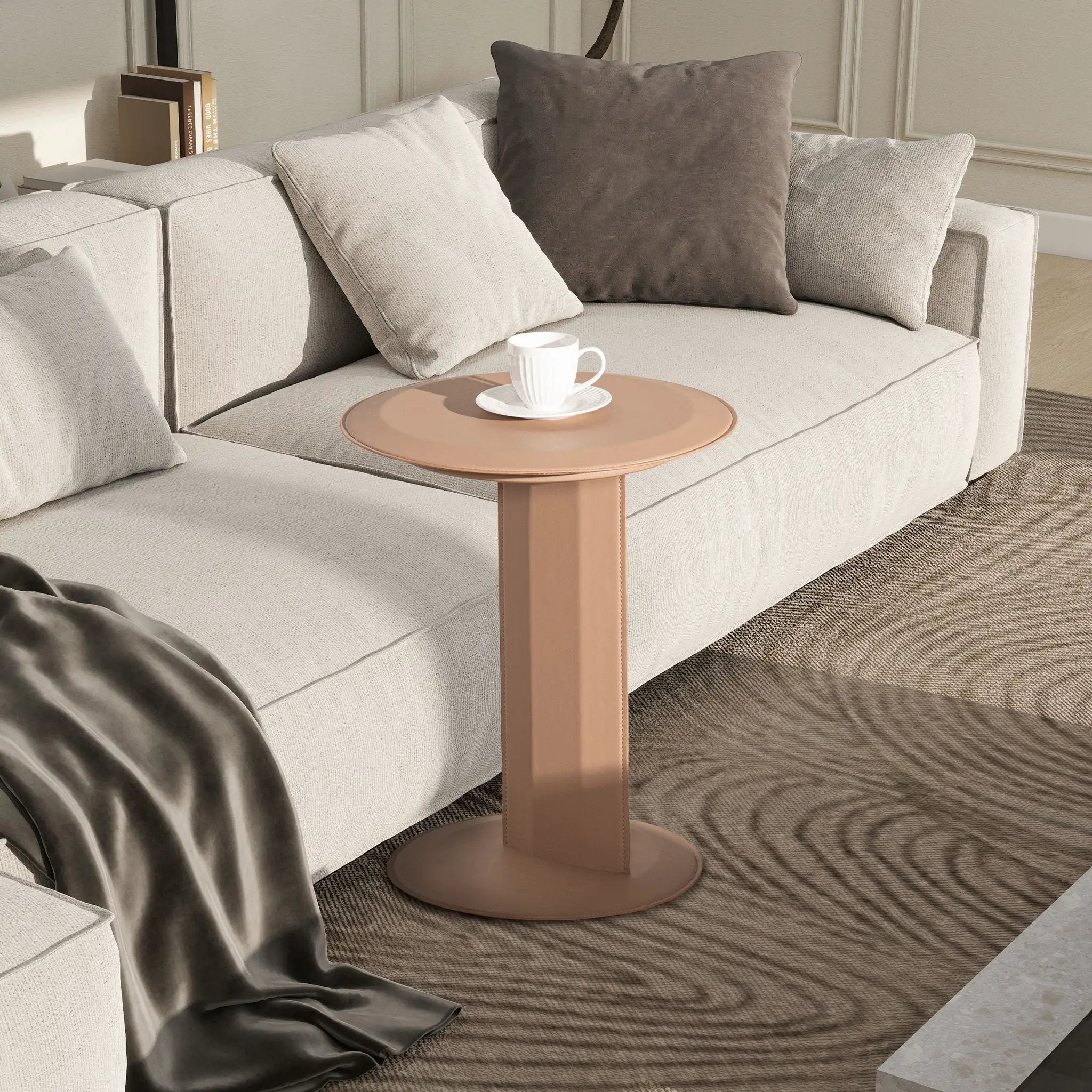 Mode - Leatherette Round C-Shaped Sofa Side Table - Saddle Brown by HouseOfZazla