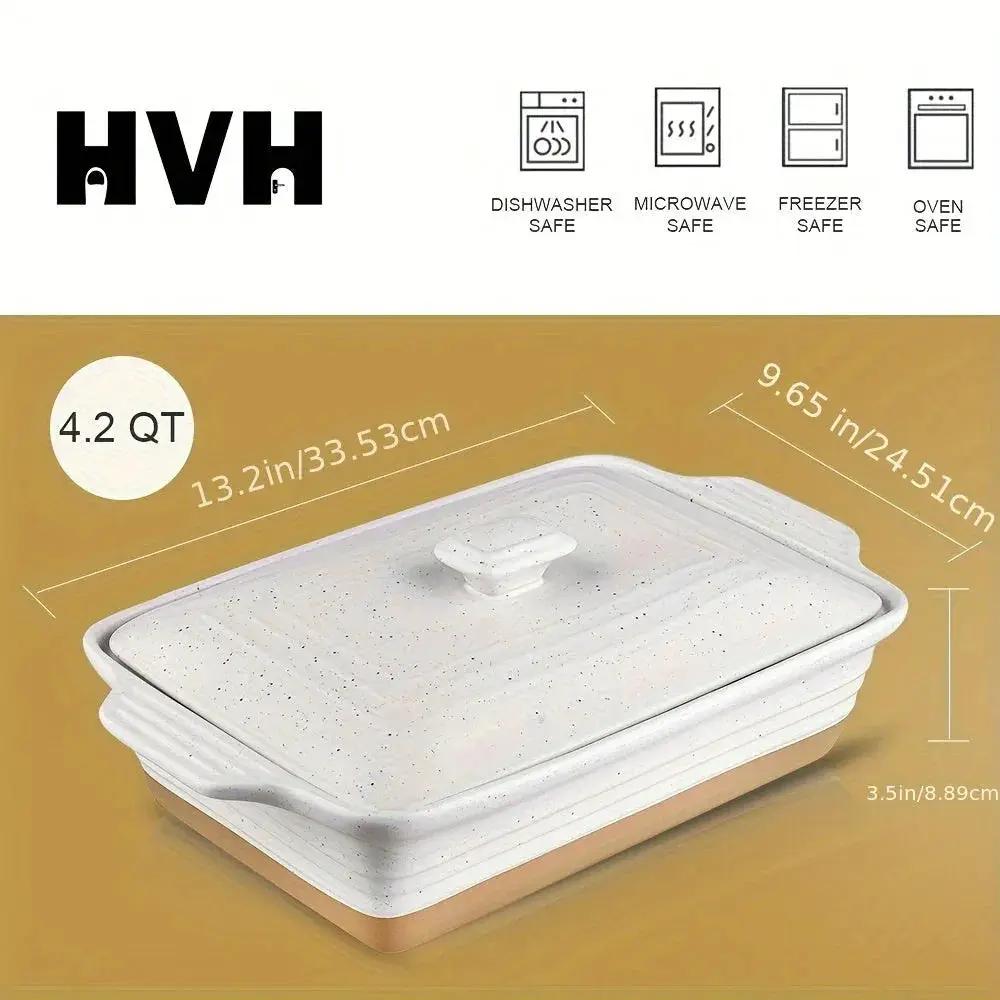 [Farmhouse Casserole Dish] HVH 3.5Qt 13x9 Ceramic Casserole Dish with Lid | Oven Safe, Large Covered Rectangular Baking Dish, Farmhouse Style, 9x13 Casserole Dish Set by House Of Avana