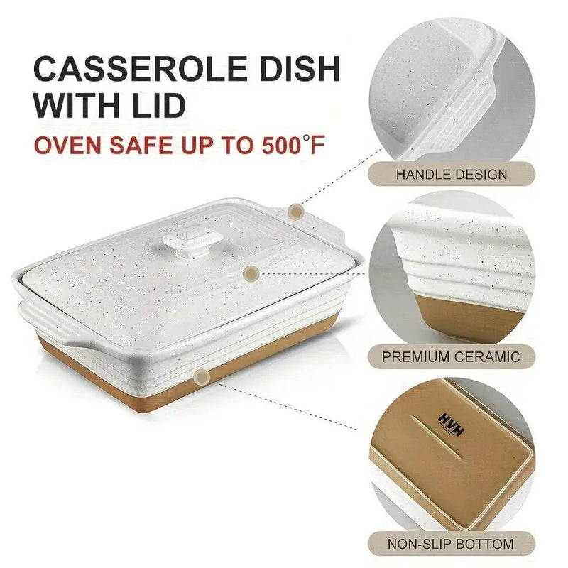 [Farmhouse Casserole Dish] HVH 3.5Qt 13x9 Ceramic Casserole Dish with Lid | Oven Safe, Large Covered Rectangular Baking Dish, Farmhouse Style, 9x13 Casserole Dish Set by House Of Avana