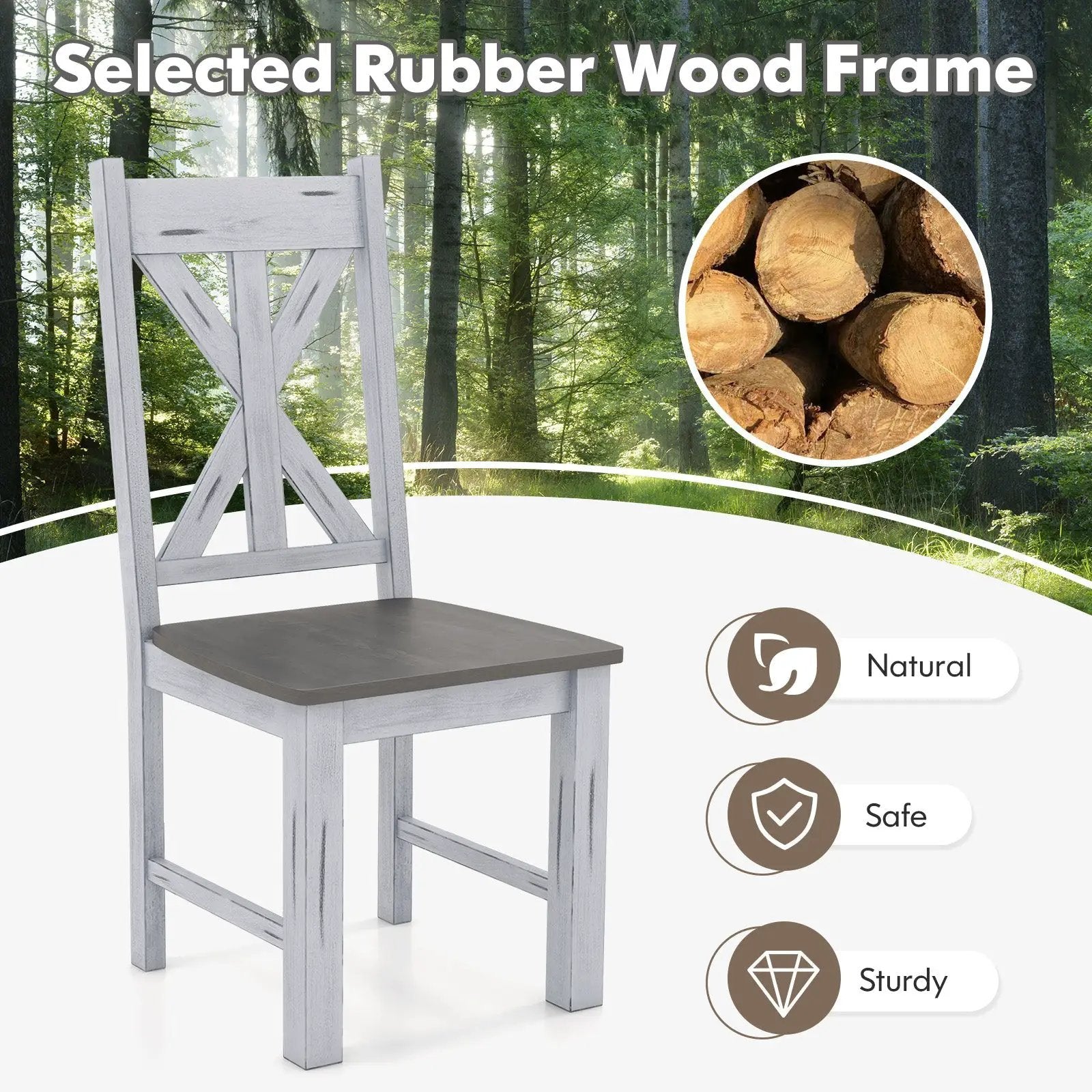 Farmhouse Chair Set of 2 with Rubber Wood Frame and Elegant Hollowed Backrest-Gray by DirectDeals