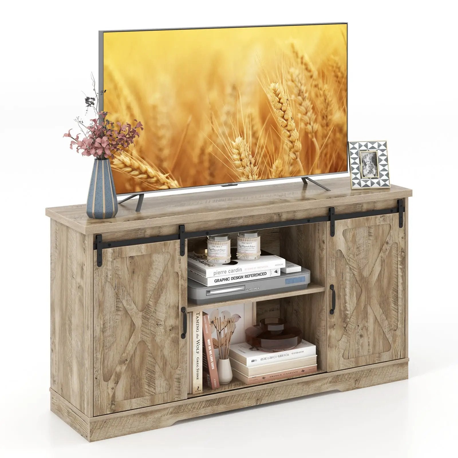 Farmhouse Entertainment Center with Adjustable Shelves and Storage Cabinet-Gray by DirectDeals