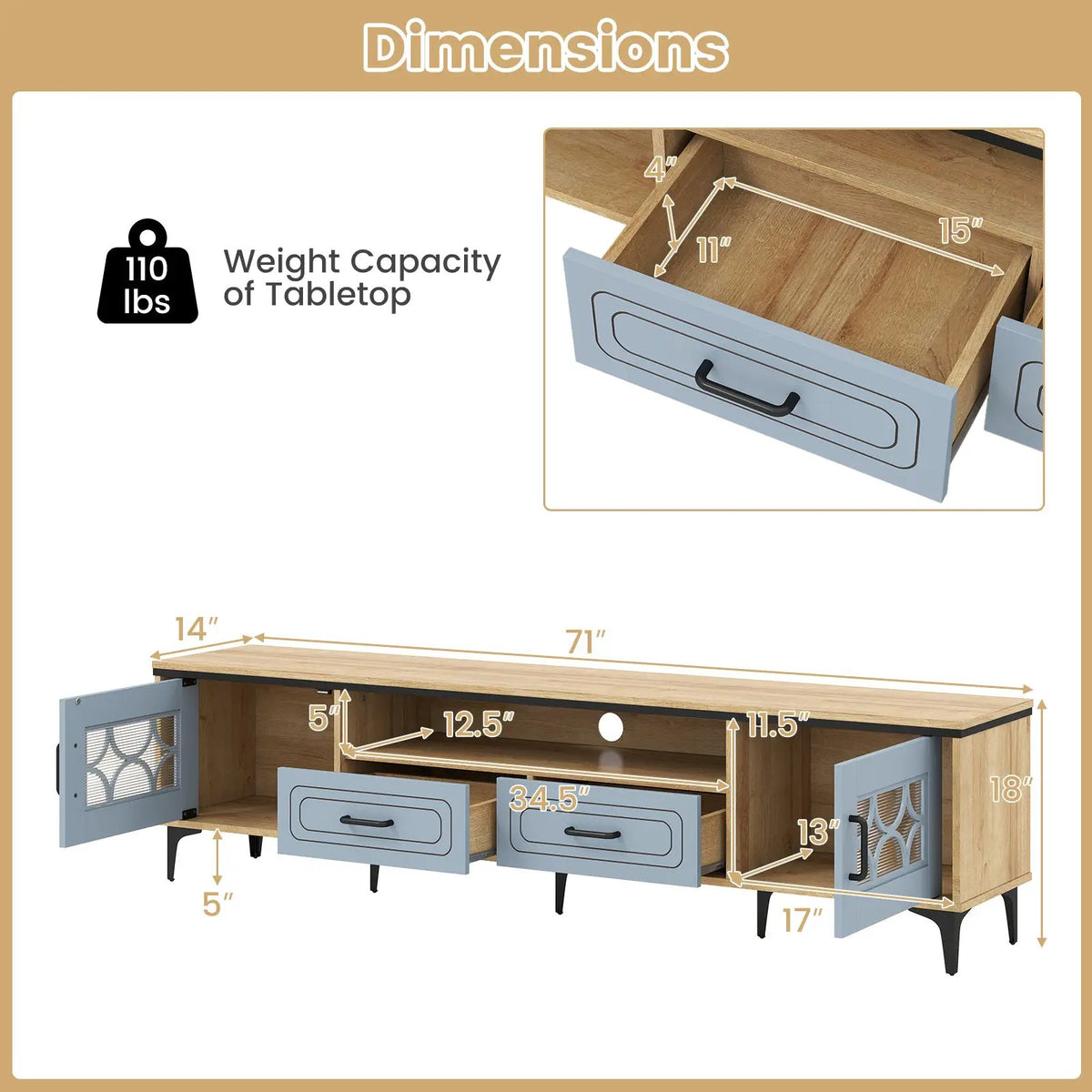 Farmhouse TV Stand for TVs up to 80 Inch with 2 Drawers by DirectDeals