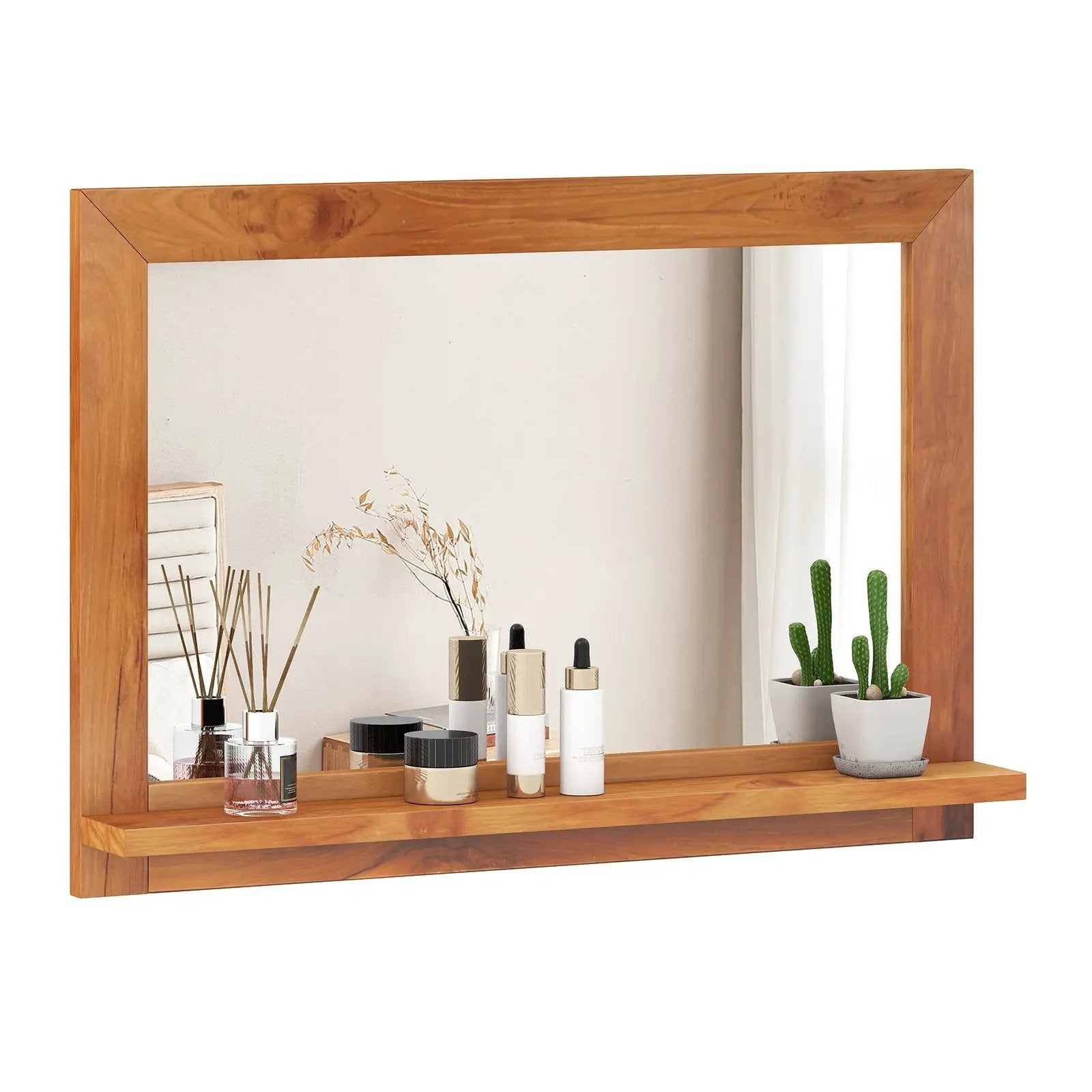 Farmhouse Wall Mirror with Shelf and Teak Wood Frame by DirectDeals