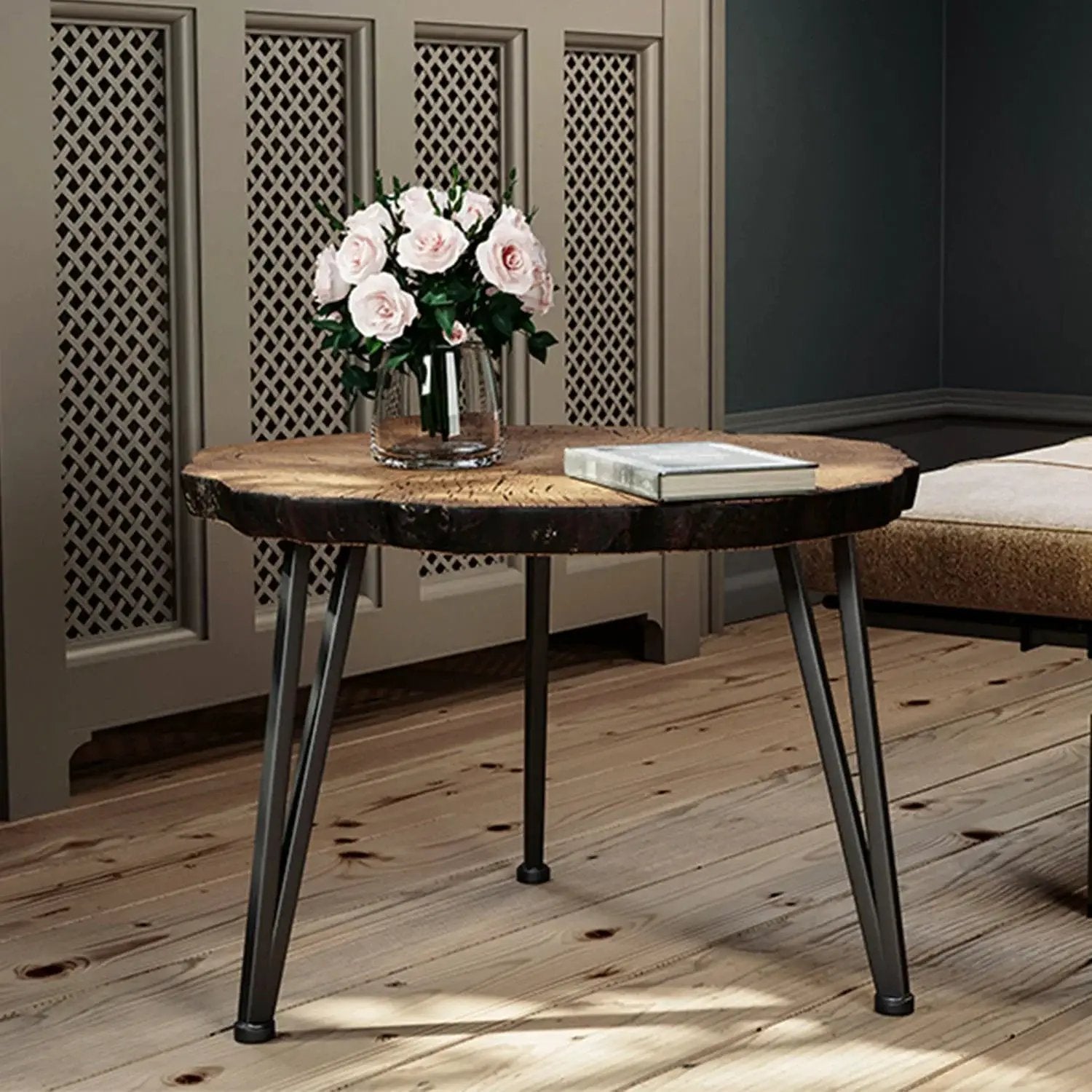 Rustic Faux Wood Round Side Table – Modern Indoor & Outdoor Accent End Table by House Of Avana