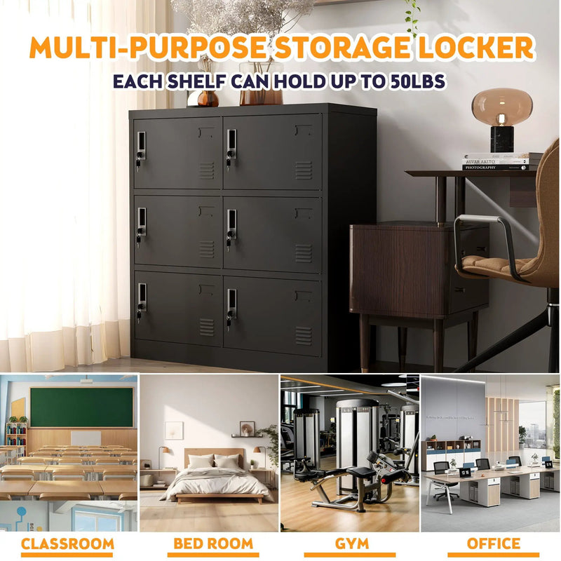 6 Door Employee Storage Locker, Lockers For Office, Gym, School, And Home With Card Slot - Black by Unique Piece Furniture