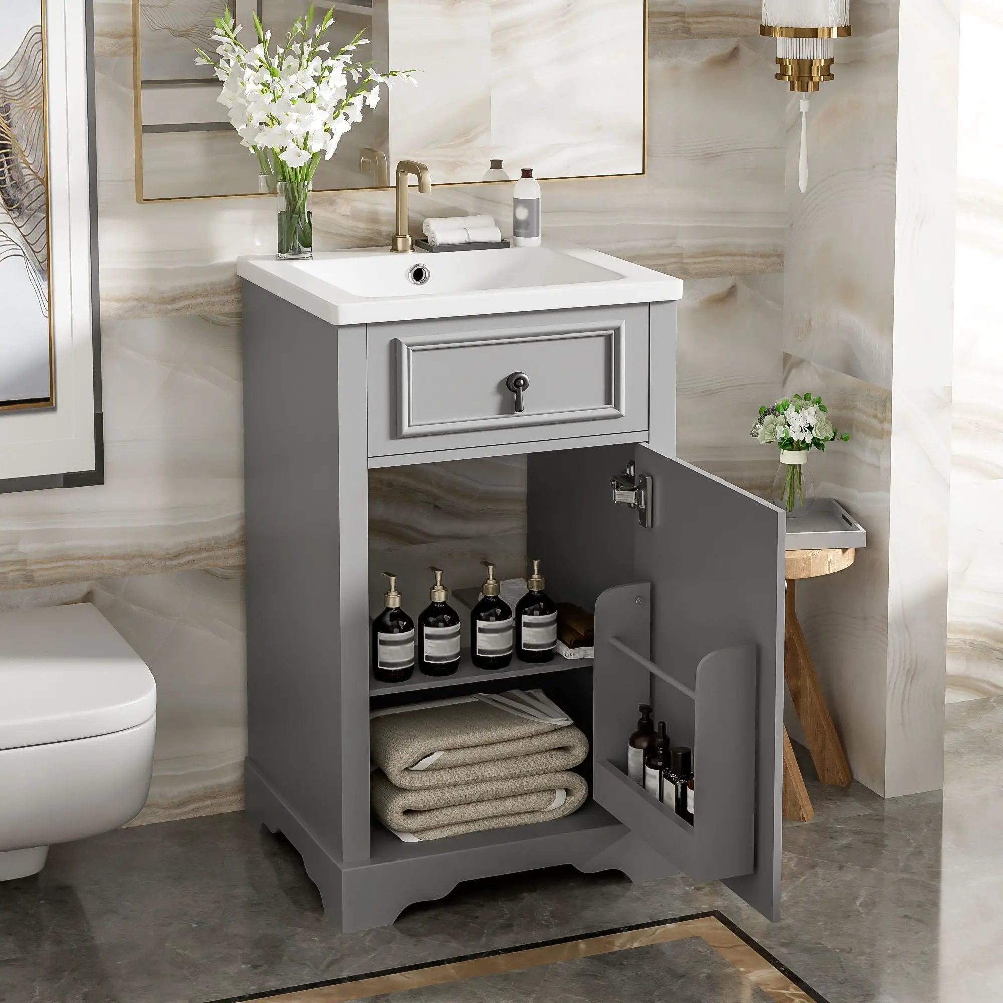 Elegant Bathroom Vanity With Ceramic Sink, Soft Close Door, Adjustable Shelf by HouseOfZazla