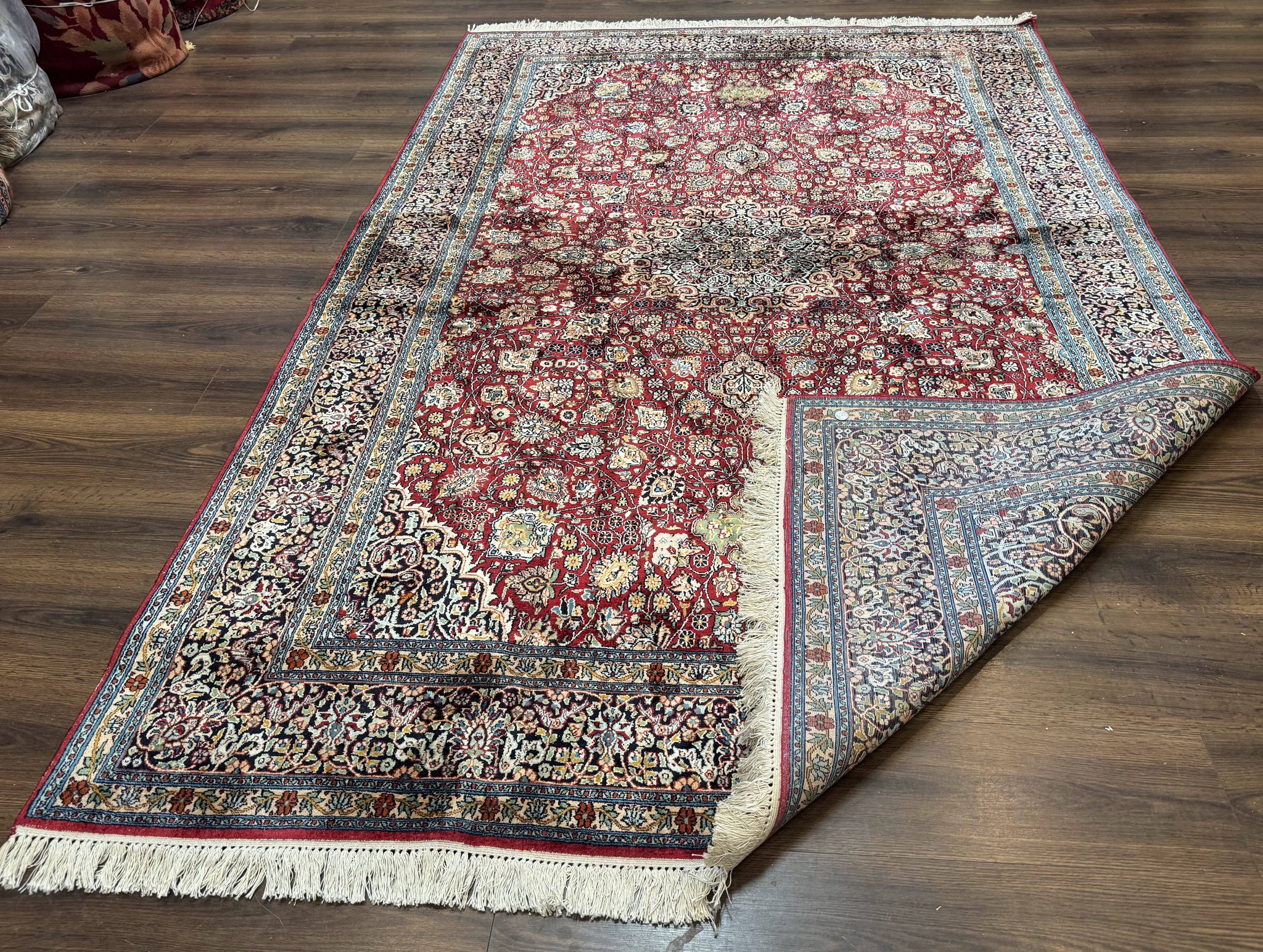 Indian Kashmiri Silk Rug 6x9, Red and Navy Blue, Floral Medallion, Fine 275 KPSI by Jewel Rugs