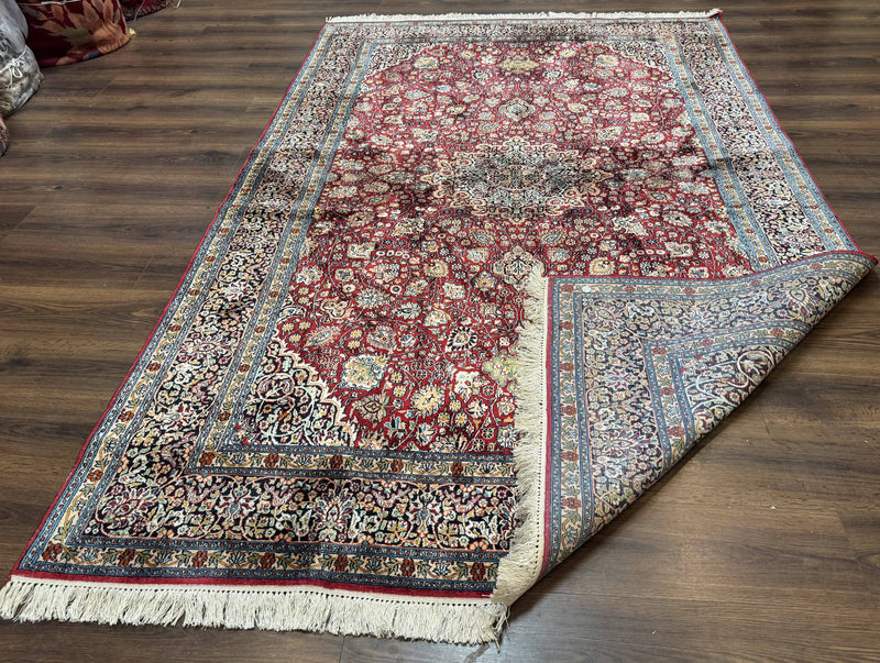 Indian Kashmiri Silk Rug 6x9, Red and Navy Blue, Floral Medallion, Fine 275 KPSI by Jewel Rugs