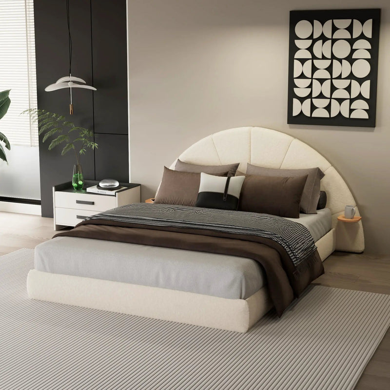 Queen Arched Bed With Small Table, Floor Standing Design - Beige by HouseOfZazla