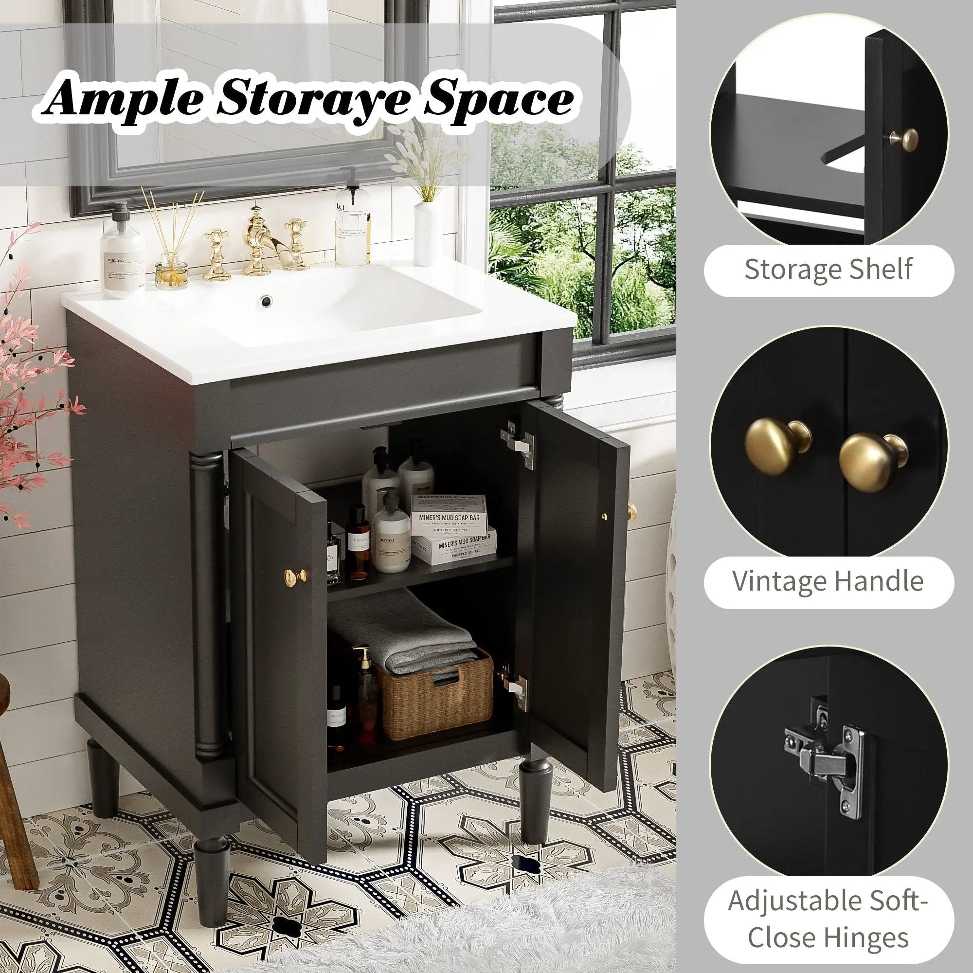 Bathroom Vanity With Top Sink, 2 Tier Storage Cabinet